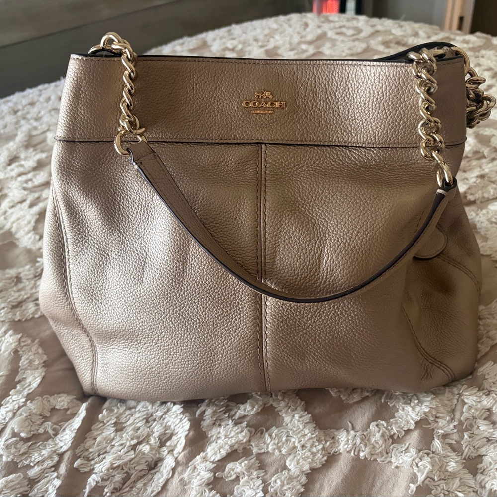 Coach Beige Leather Shoulder Bag with Gold Chain